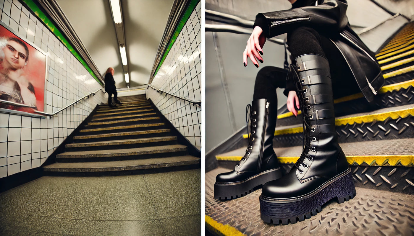 Image large montrant deux scènes d’une personne portant des chaussures gothiques à plateforme dans un décor urbain.